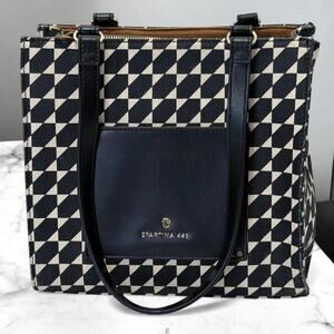 Spartina 449 Shoulder Bag Black Ivory Linen Leather Geometric Double Handles